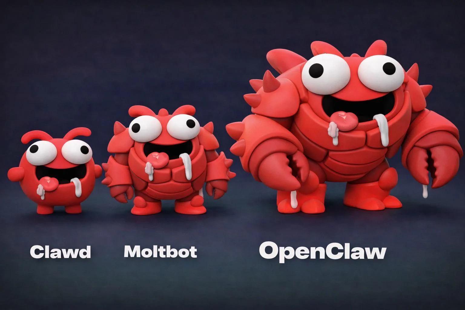 OpenClaw mascot evolution showing Clawd transforming to Moltbot and finally OpenClaw