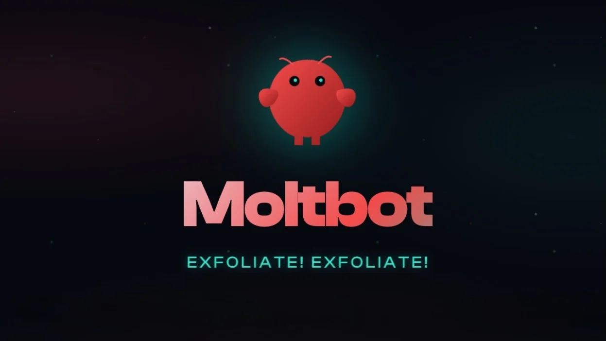 Moltbot mascot - a red cartoon lobster with the EXFOLIATE slogan